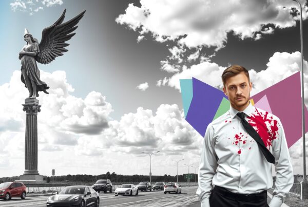 A man with a stained shirt stands before a winged statue beside a busy road.