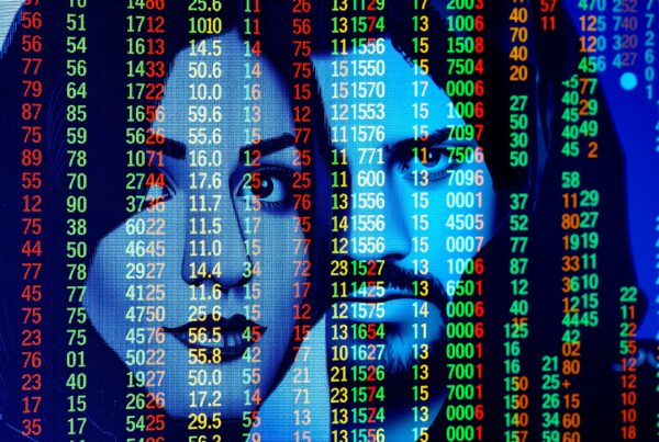 Digital faces intertwined with colorful data elements.