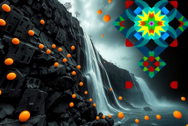 Surreal landscape with waterfall, geometric art, and orange spheres.