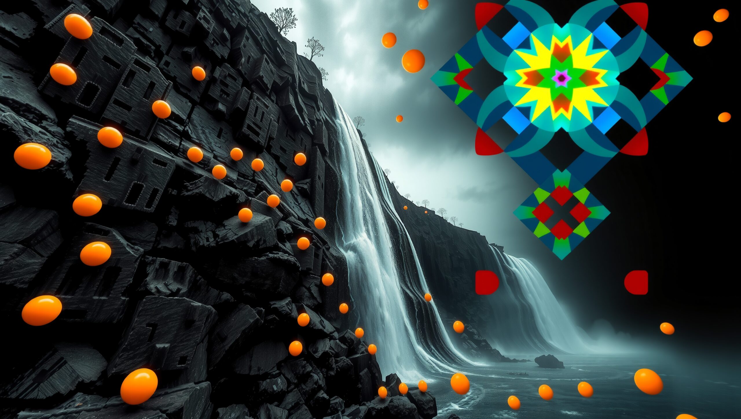 Surreal Waterfall with Geometric Art