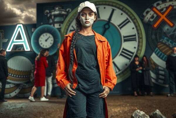 A girl stands before a mural of clocks, wearing an orange jacket and cap.