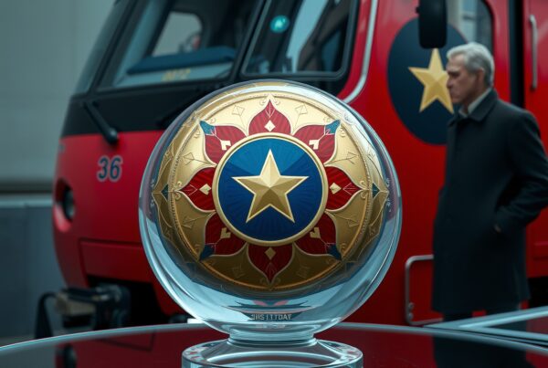 A glass-encased golden star sphere in front of a red train.