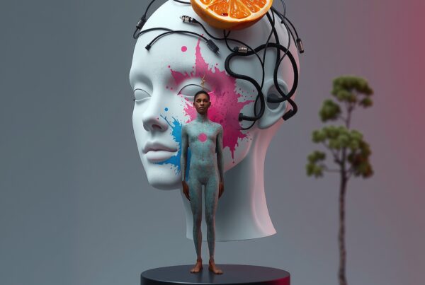 A surreal depiction of technology and nature with a painted mannequin head, cables, and human element.