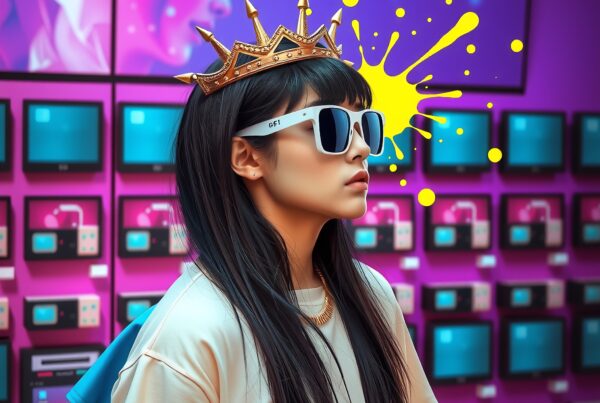 A stylish woman with a crown stands in a vibrant room of retro televisions and digital art.