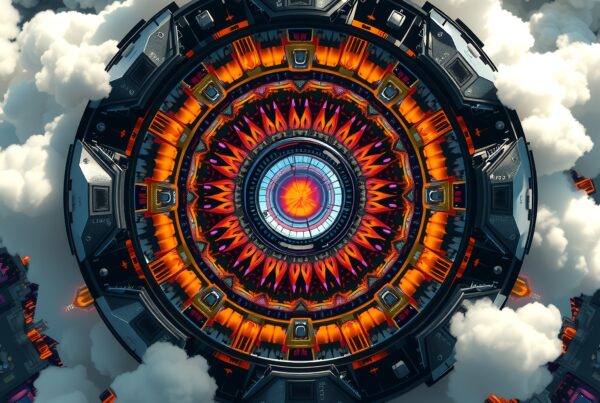 A vibrant, futuristic mandala above clouds.