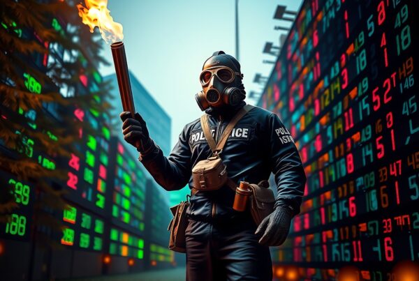 A person in a gas mask holding a flair in front of tall digital screens with chaotic financial data, set against an American flag background in a dystopian scene.