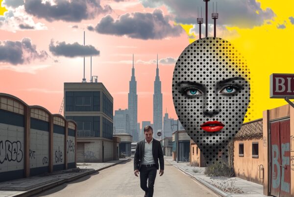"Man walking in surreal urban landscape, unique face sculpture, vibrant sky."