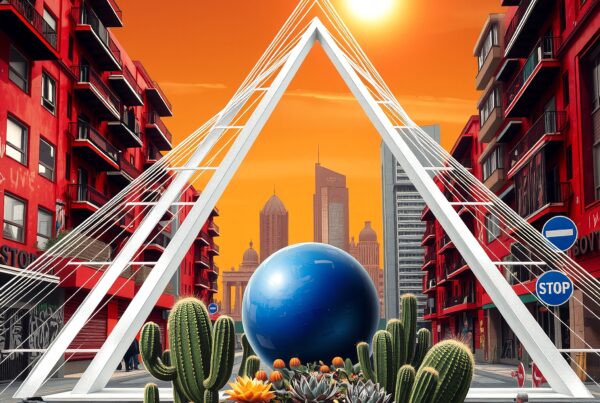 Vibrant surreal cityscape with grand modern architecture and blue sphere.