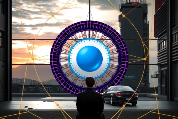 Silhouetted person sits before futuristic geometric device with vibrant sky.