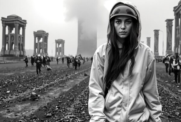 A young woman in a hooded jacket and helmet walks through a dystopian city amidst smoke and ruins.