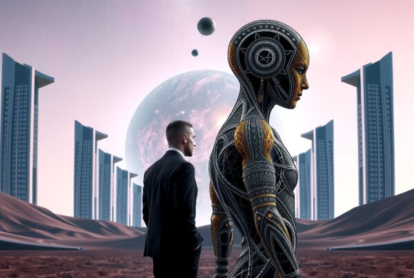 Futuristic humanoid robot stands beside a man on a barren Martian-like landscape with tall buildings in the background and a large planet with moons in the sky.