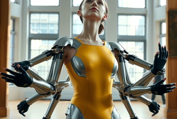 A person in a yellow suit with multiple robotic arms stands in a well-lit room, reflecting themes of futuristic augmentation.