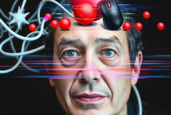 A man with abstract technology elements surrounding his head, symbolizing futuristic digital connections and thoughts.