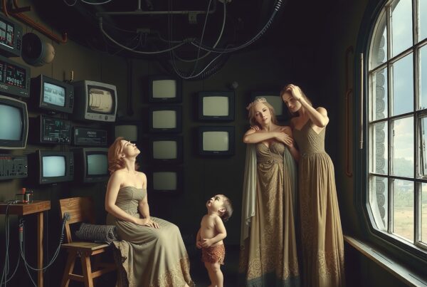 A room with vintage electronics and elegantly dressed figures.