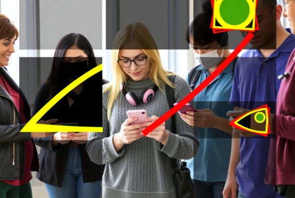 People using smartphones overlaid with geometric shapes and lines, combining modern technology with abstract art elements in a contemporary scene.