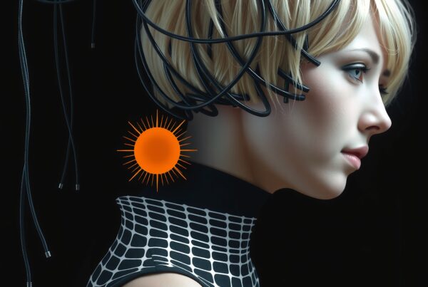 Futuristic art featuring a woman with blonde hair adorned with cables, highlighting themes of technology and identity.