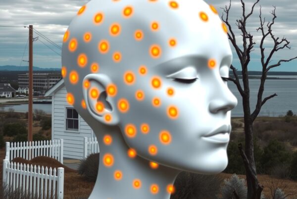A serene coastal scene with a futuristic digital head adorned with glowing orange circles, set against a cloudy sky and natural landscape.