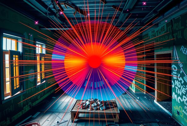Vibrant color explosion in industrial room.