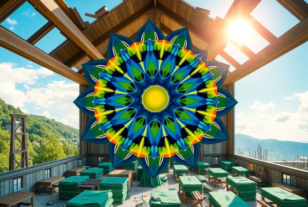 A vibrant mandala pattern floats amidst a sunlit construction site, casting colorful reflections on wooden structures and green materials.