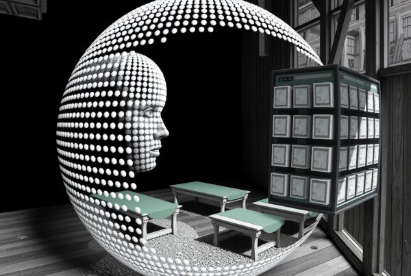 Surreal artwork featuring a dot-patterned sphere forming a face, with green tables and a cabinet in a wooden room.