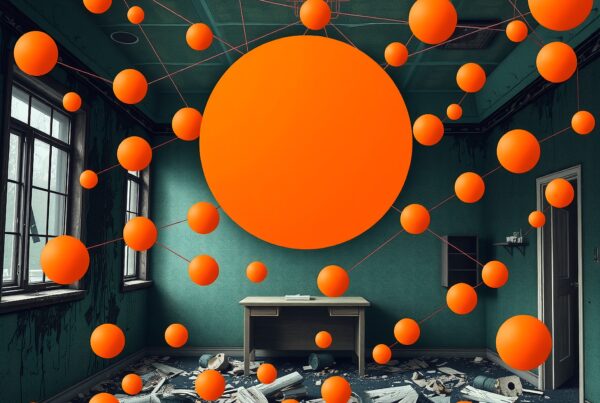 Surreal orange spheres float in a decrepit room.