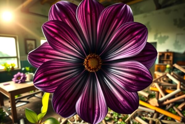 Vibrant purple flower amidst scattered art supplies in a sunlit indoor space.