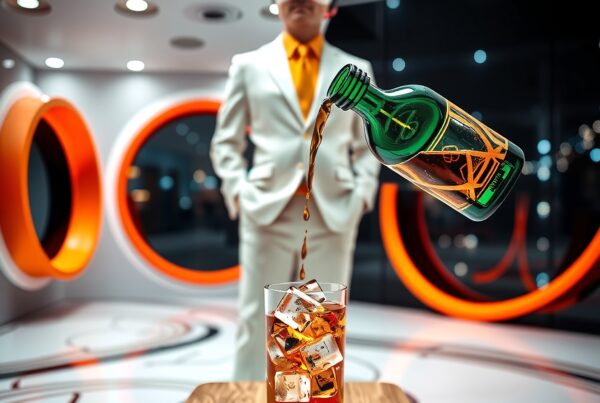 A man in VR headset in a futuristic room with a floating bottle pouring drink into a glass.