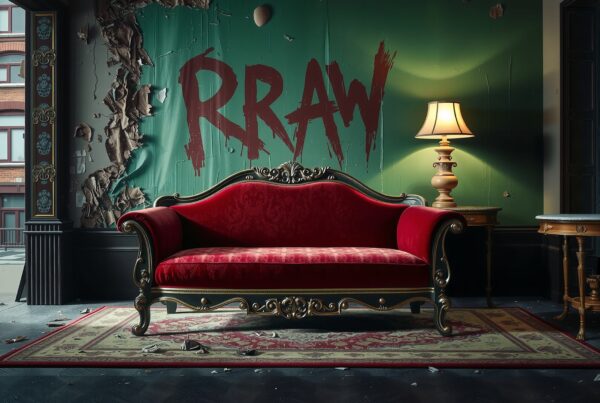 Luxurious room with red velvet sofa and ornate decor.