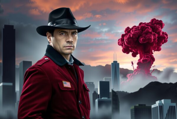 A mysterious man in a red coat stands against a dramatic city skyline with a vibrant red cloud in the background.