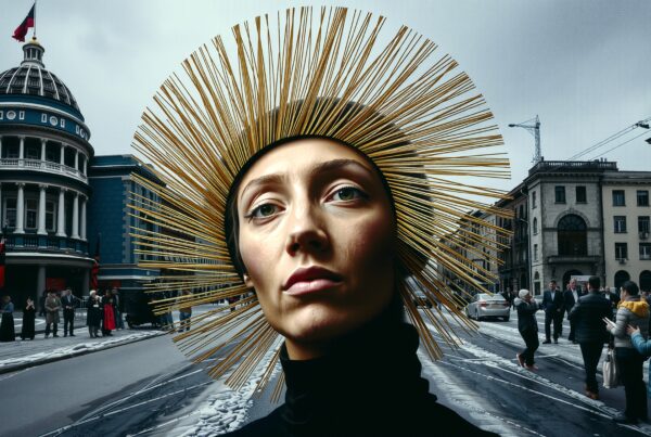 A person with a gold-spiked headdress stands on a city street with historic buildings and attending crowd.