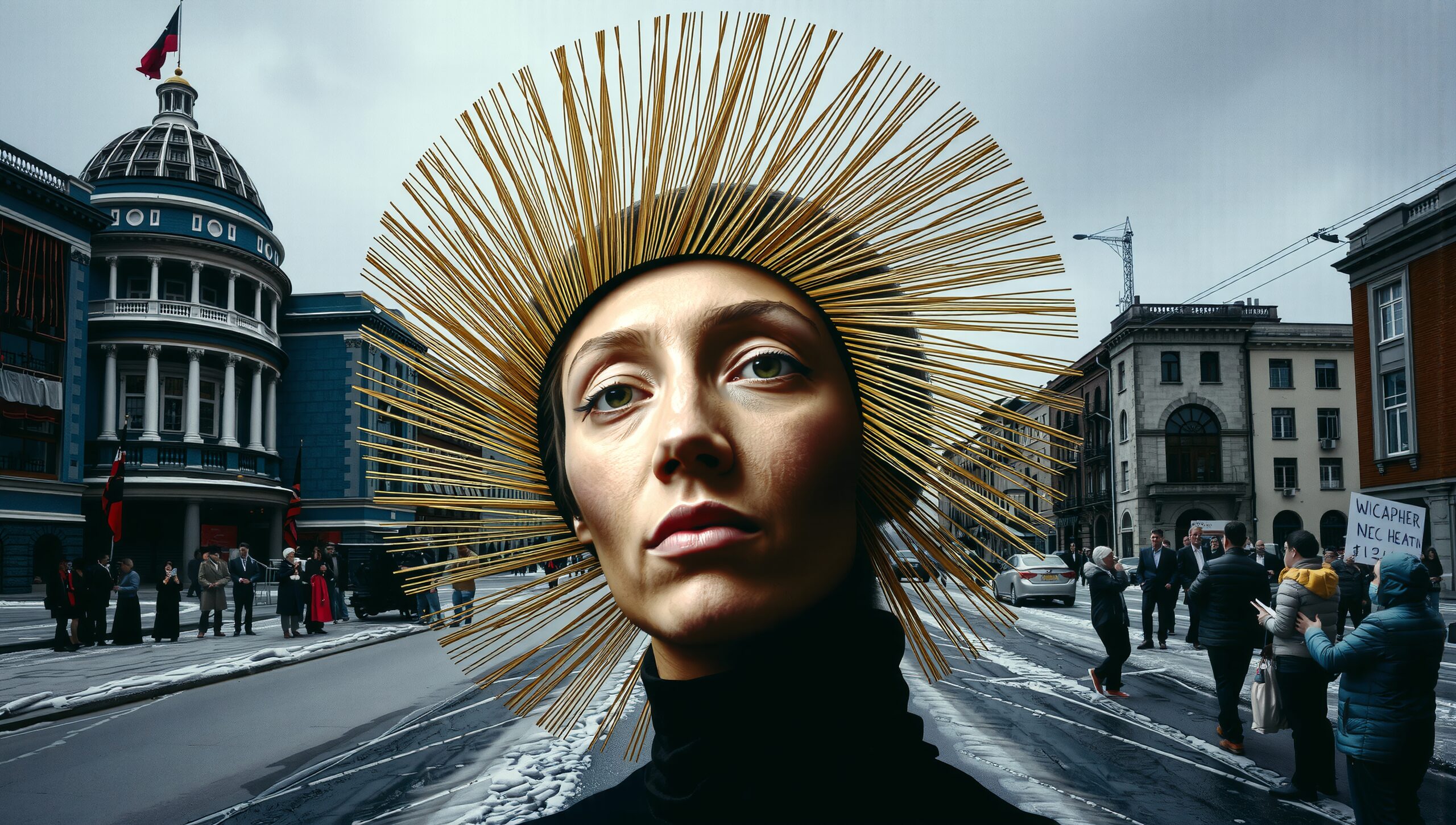 Striking Headdress in City Street