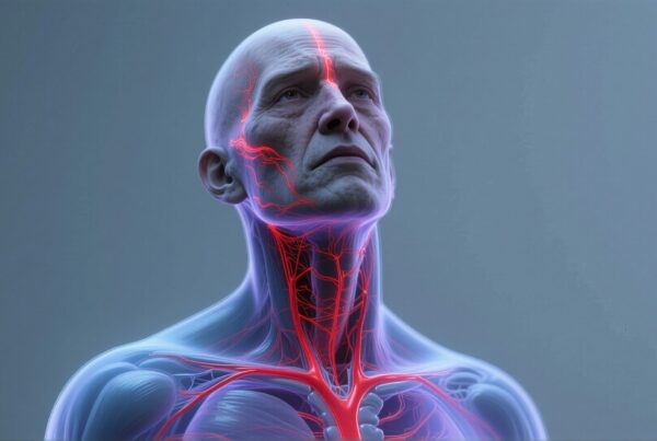 Illustration of an elderly man's detailed anatomy showcasing vibrant veins and arteries against a blue-toned body backdrop.