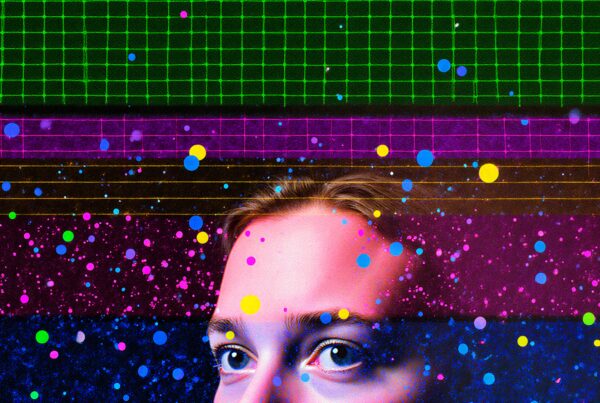 A person's face amidst colorful geometric and cosmic background.