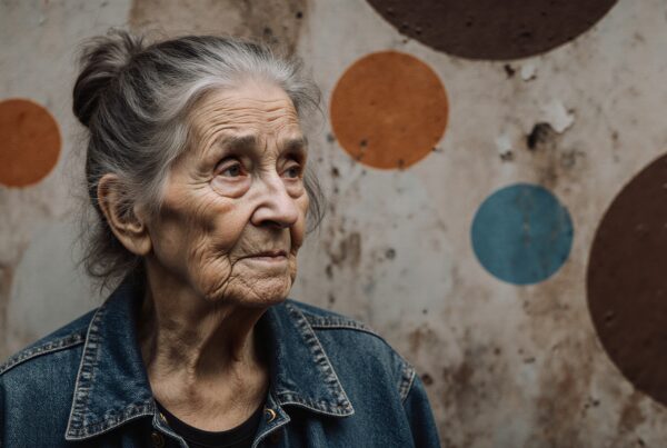 Elderly woman in denim, colorful circle background, introspective gaze.