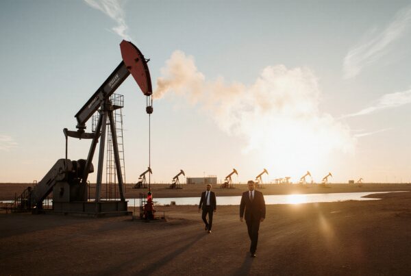 Oilfield at sunset with men walking by.