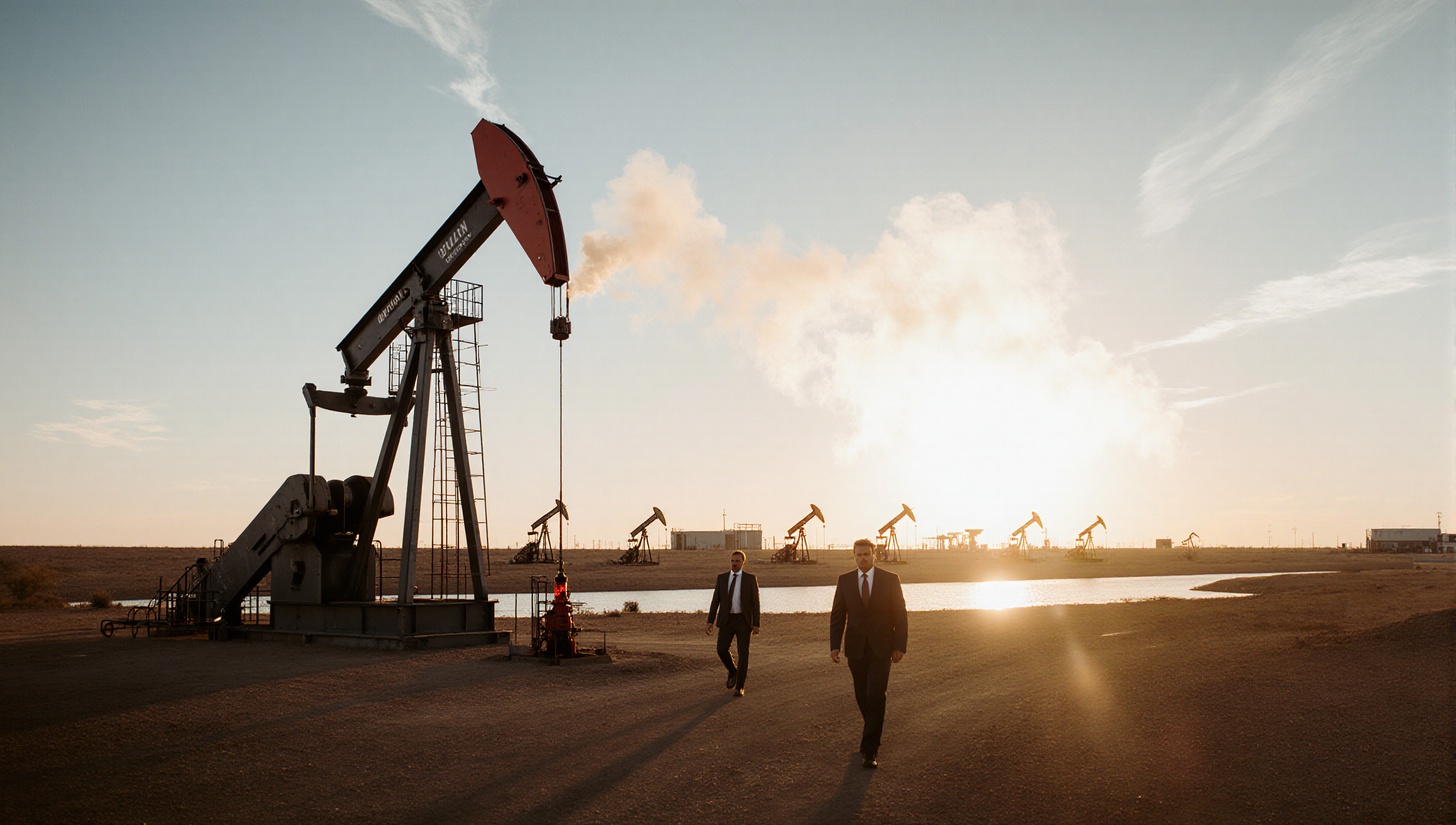 Oilfield at Sunset Men Walking