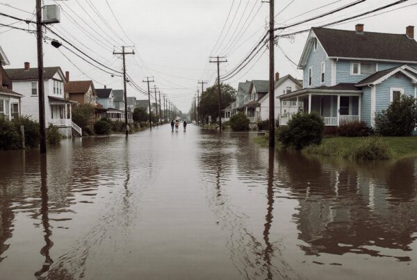 Flooded residential street with people.