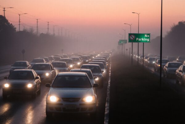 A traffic jam on a foggy road during dawn or dusk with cars' headlights on, under a softly colored sky and a "No Parking" sign visible.