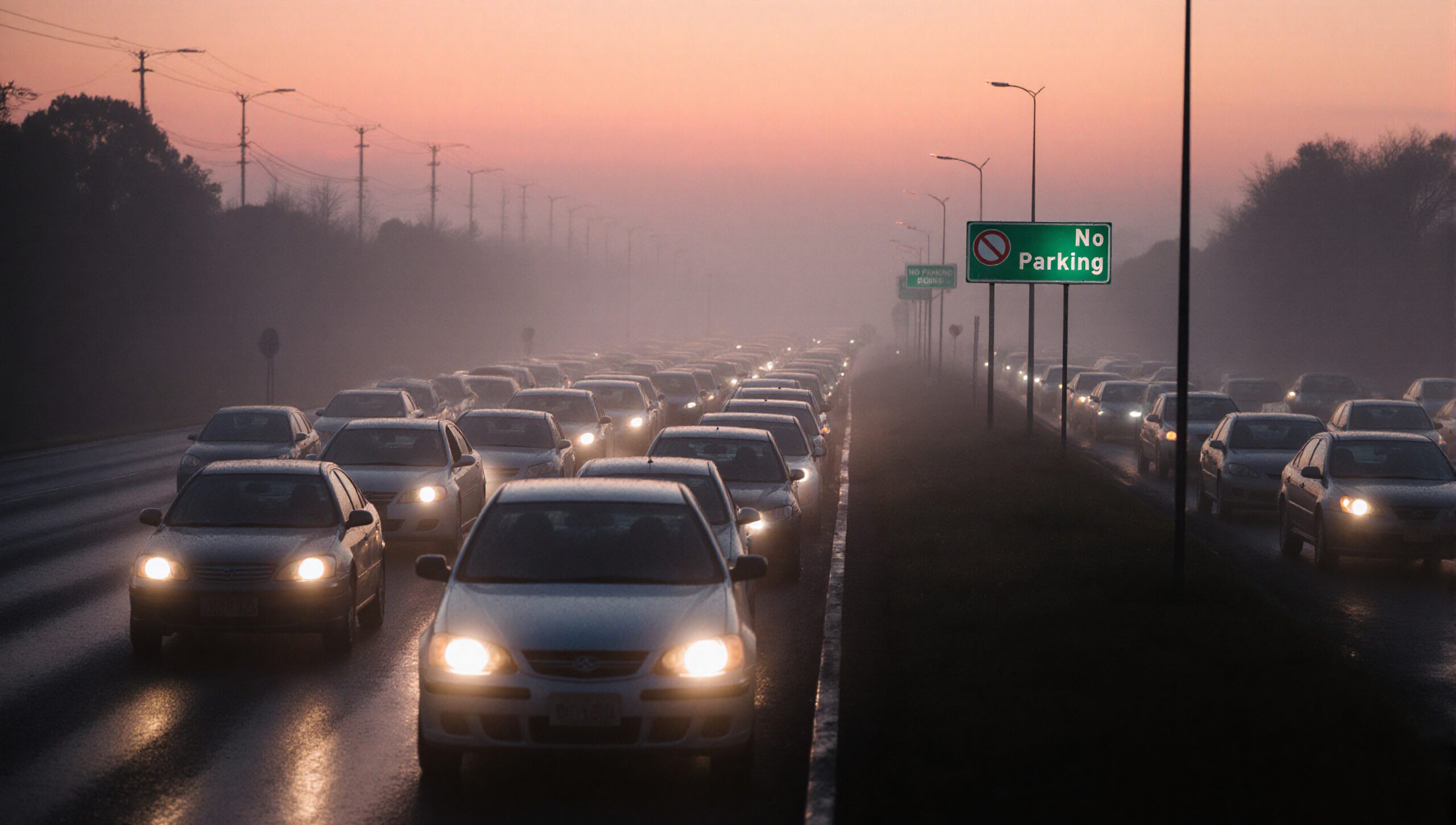 Traffic Jam in Morning Fog