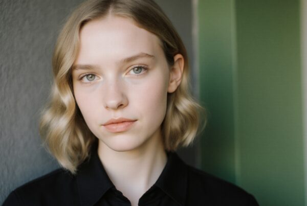 Young woman with soft waves, serene expression.
