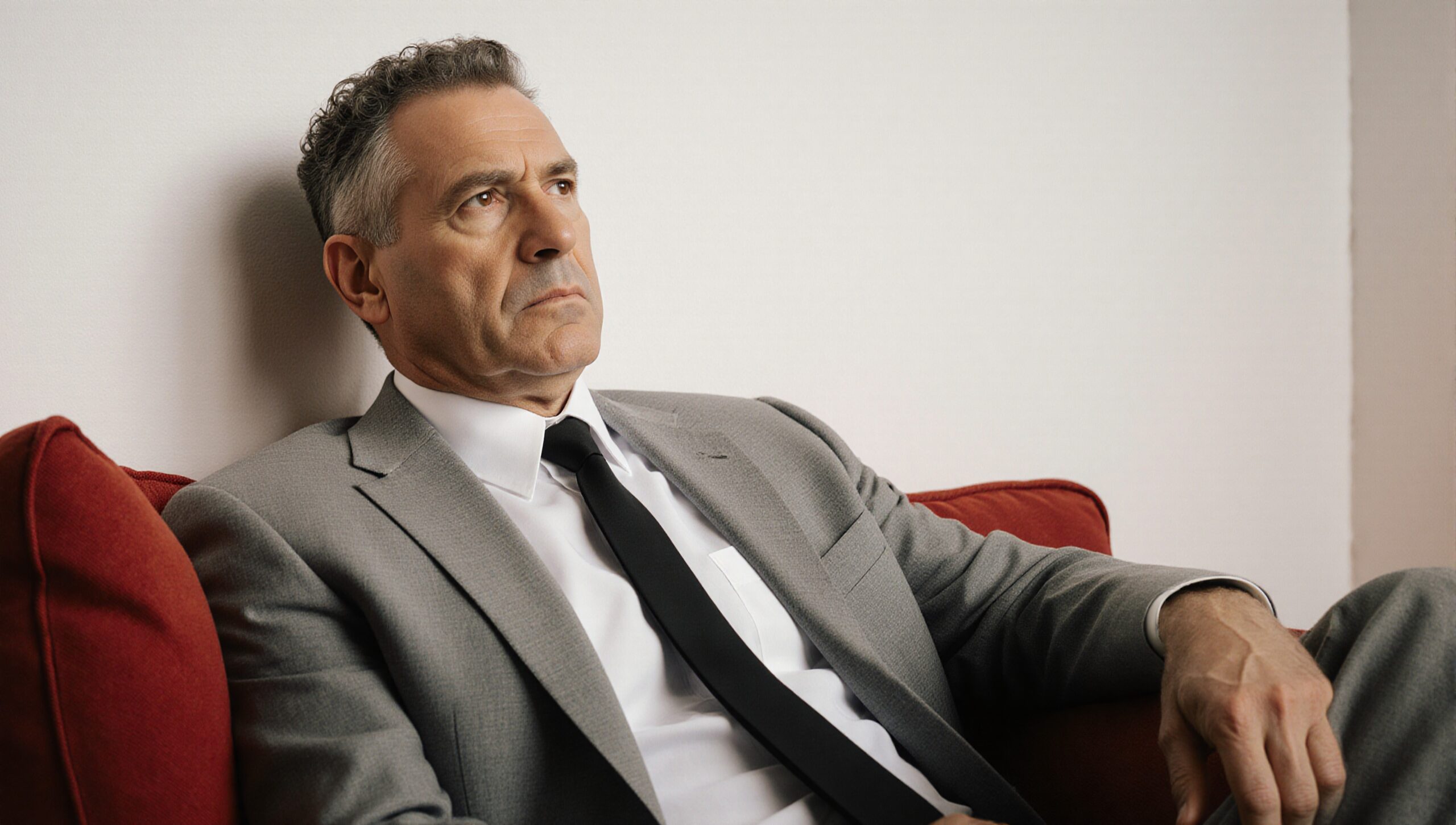 Reflective Businessman in Gray Suit