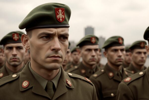 A group of soldiers stands in formation wearing olive uniforms with red berets, symbolizing discipline and unity.
