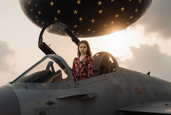 A young girl in a red floral dress stands in a fighter jet cockpit beneath a mysterious star-adorned object in the sky.