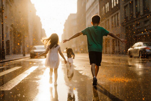 Children run through sunlit rain capturing freedom.