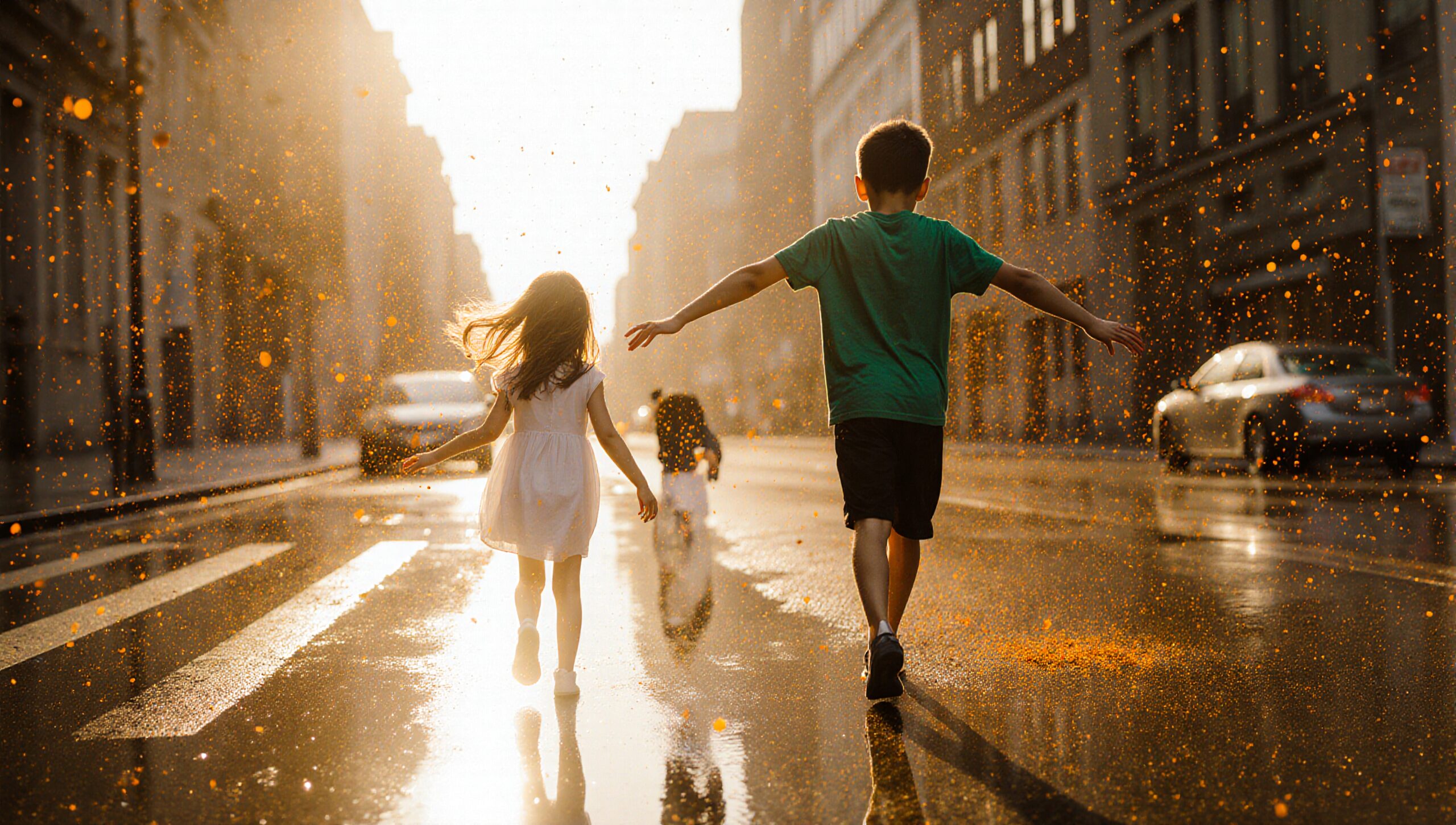 Children Running in Golden Rain