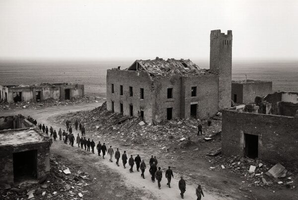 A group of people walks among ruins and debris in a desolate, war-torn landscape.