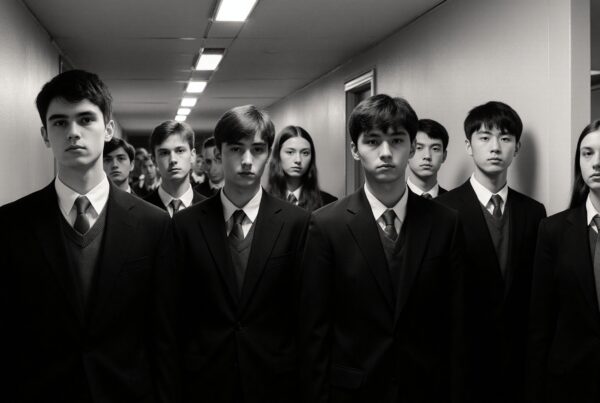 Group of students in formal suits standing in a narrow hallway, captured in black and white.