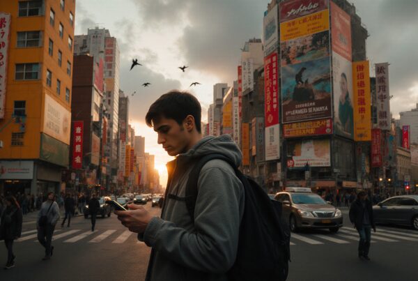 A young man using his smartphone stands amidst a bustling urban street with dramatic sunset and vibrant city signage.