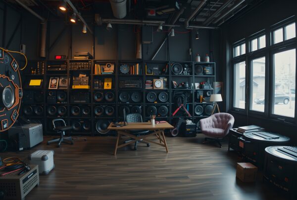 Modern workspace with audio equipment and shelving.