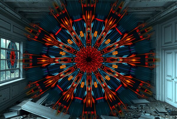 Vibrant mandala pattern in abandoned room.